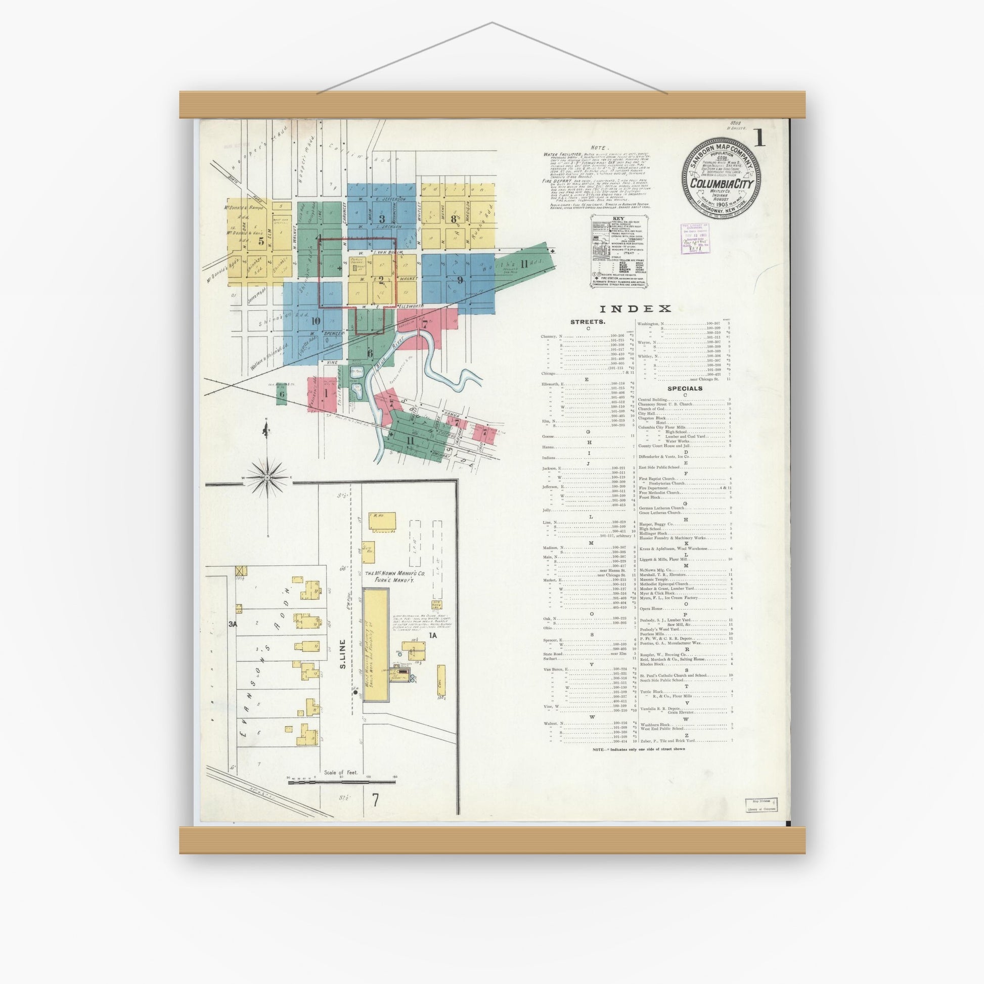 Old map wall art mockup — magnetic wood frame on white wall — Sanborn Fire Insurance Map from Columbia City, Whitley County, Indiana (1905) - Complete Map Set