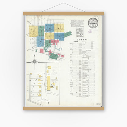 Old map wall art mockup — magnetic wood frame on white wall — Sanborn Fire Insurance Map from Columbia City, Whitley County, Indiana (1905) - Complete Map Set