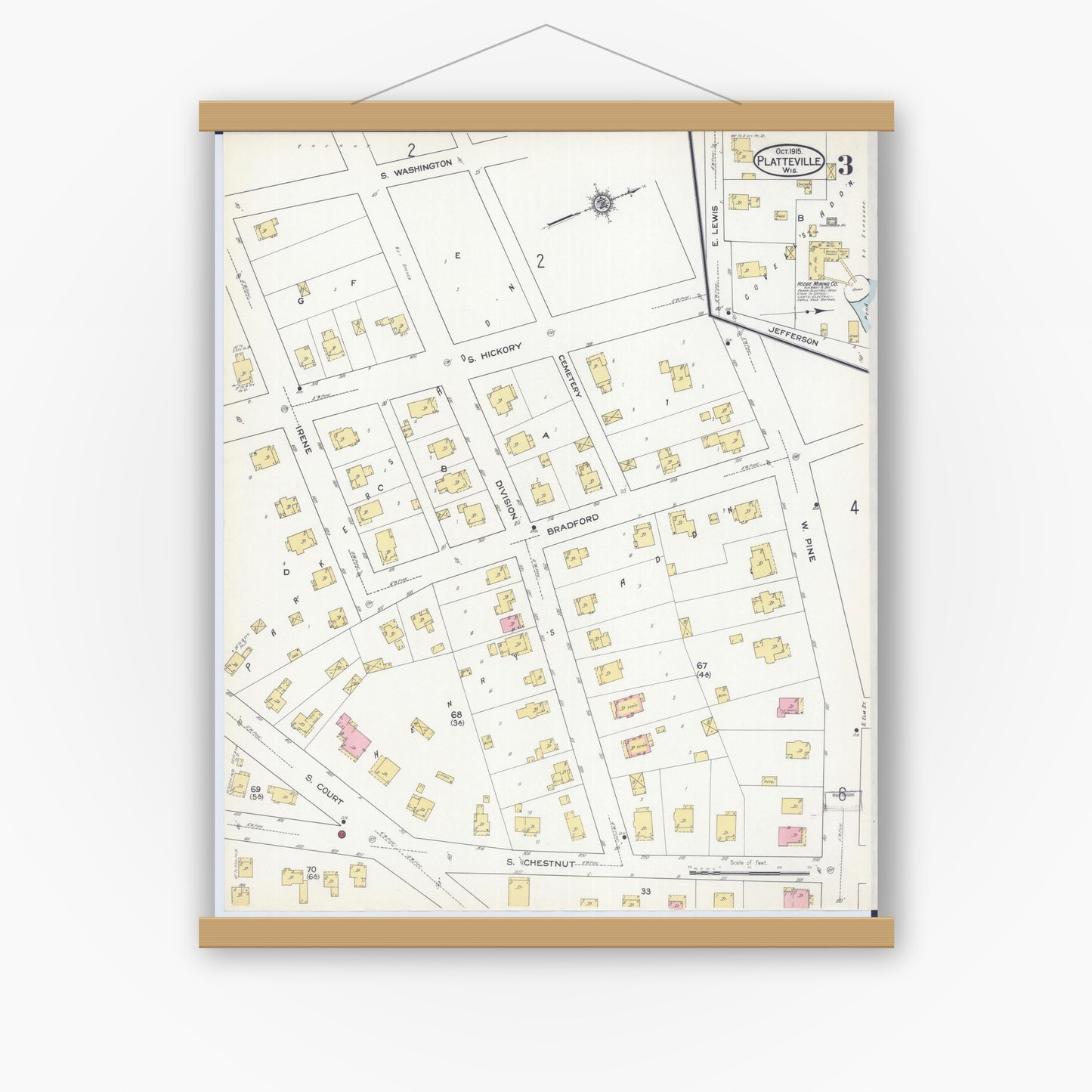 Old map wall art mockup — magnetic wood frame on white wall — Sanborn Fire Insurance Map from Platteville, Grant County, Wisconsin (1915), Sheet #0003