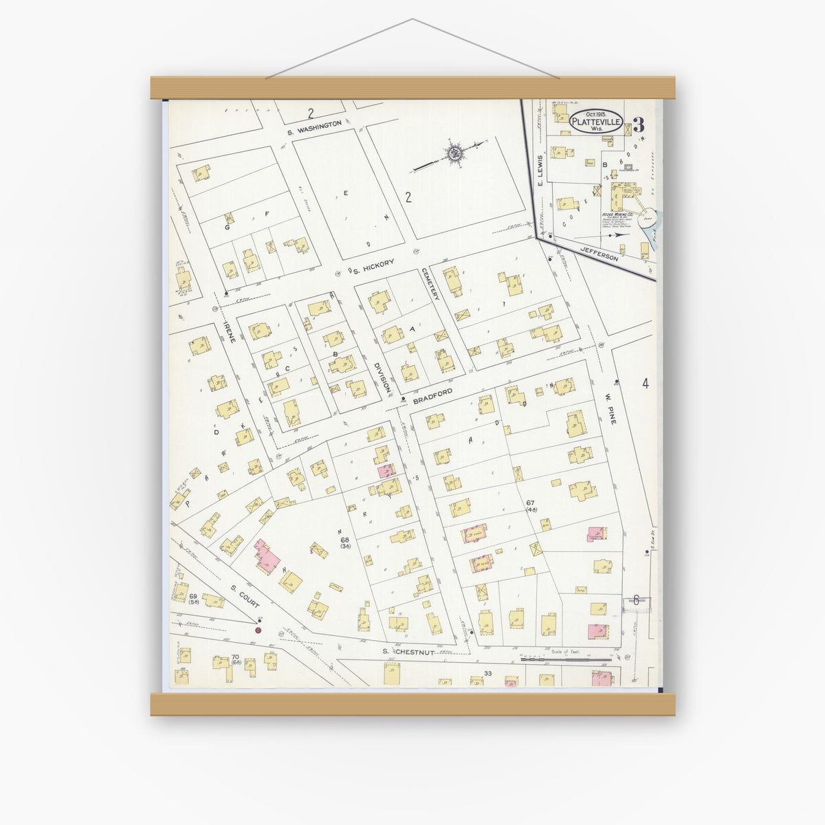 Old map wall art mockup — magnetic wood frame on white wall — Sanborn Fire Insurance Map from Platteville, Grant County, Wisconsin (1915), Sheet #0003