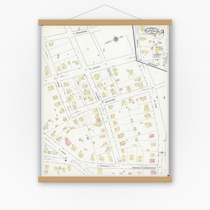 Old map wall art mockup — magnetic wood frame on white wall — Sanborn Fire Insurance Map from Platteville, Grant County, Wisconsin (1915), Sheet #0003
