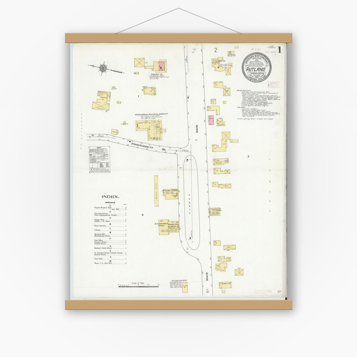 Old map wall art mockup — magnetic wood frame on white wall — Sanborn Fire Insurance Map from Rutland, Worcester County, Massachusetts (1910), Sheet #0001