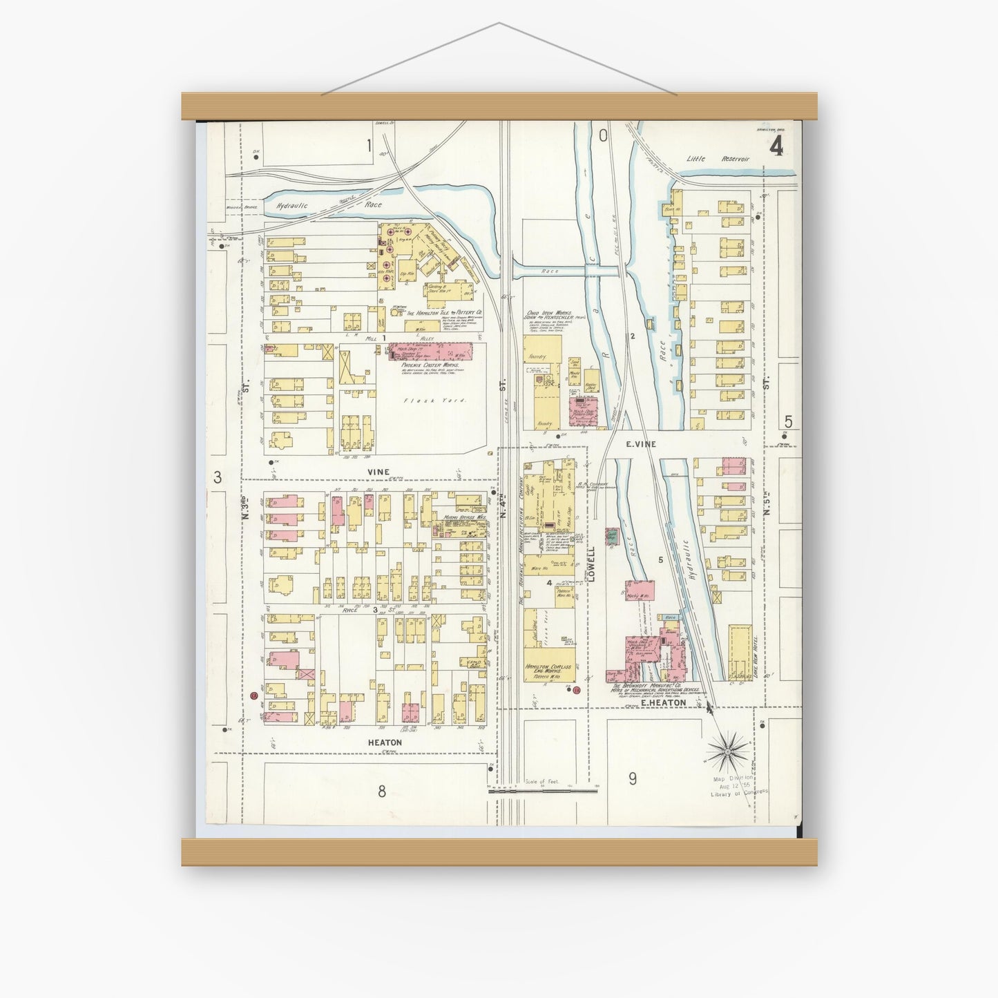 Old map wall art mockup — magnetic wood frame on white wall — Sanborn Fire Insurance Map from Hamilton, Butler County, Ohio (1899), Sheet #0004