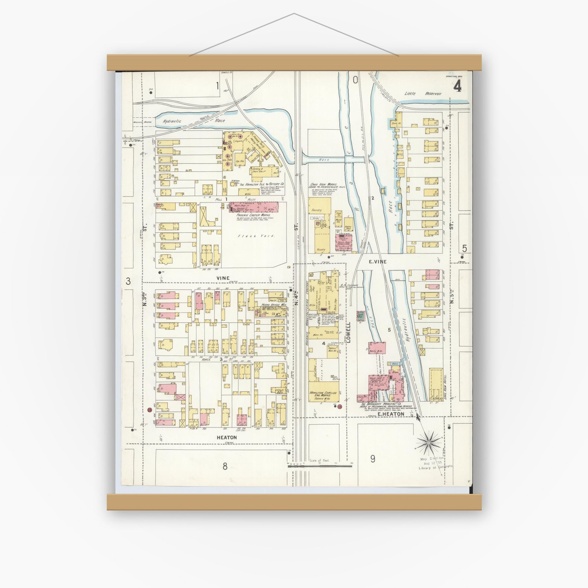 Old map wall art mockup — magnetic wood frame on white wall — Sanborn Fire Insurance Map from Hamilton, Butler County, Ohio (1899), Sheet #0004