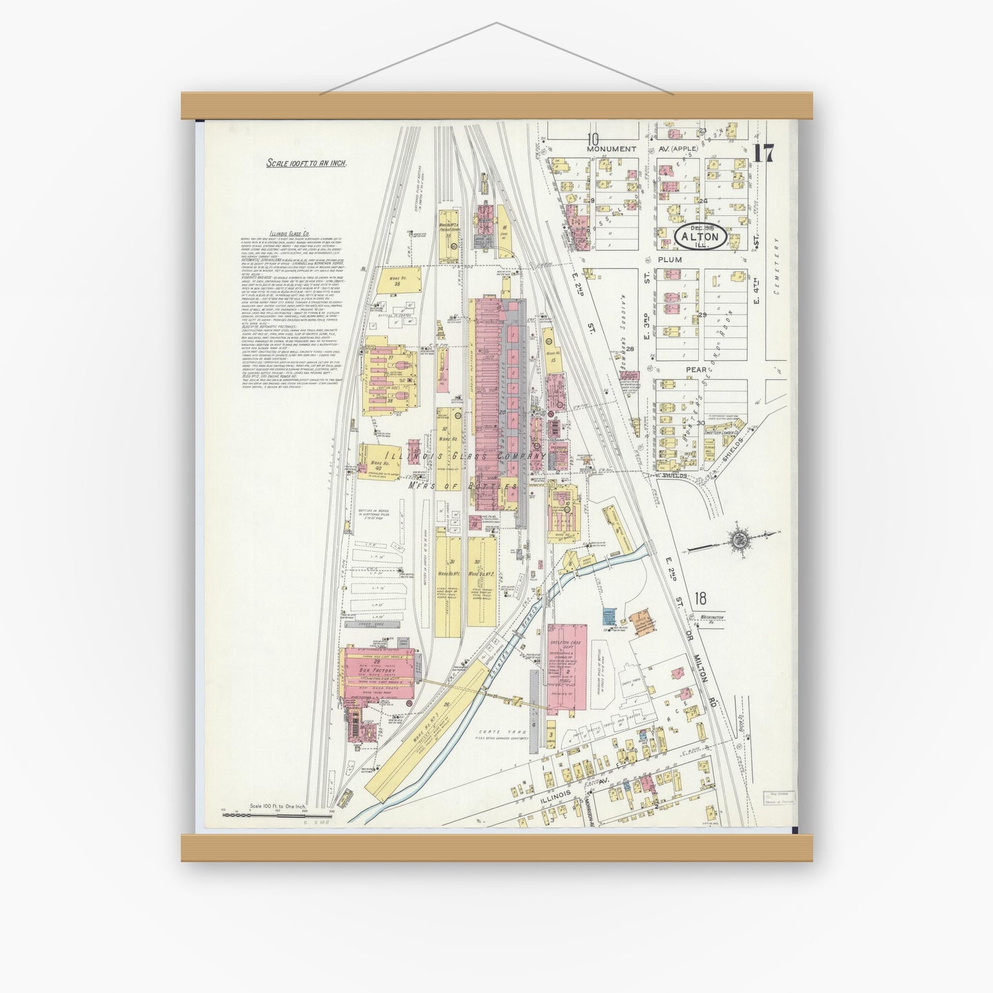 Old map wall art mockup — magnetic wood frame on white wall — Sanborn Fire Insurance Map from Alton, Madison County, Illinois (1915), Sheet #0017