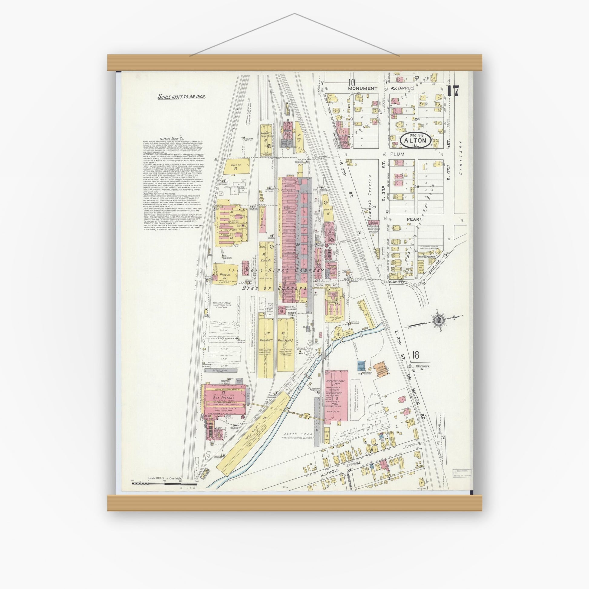 Old map wall art mockup — magnetic wood frame on white wall — Sanborn Fire Insurance Map from Alton, Madison County, Illinois (1915), Sheet #0017