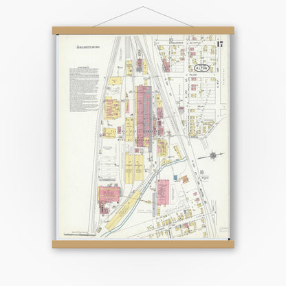Old map wall art mockup — magnetic wood frame on white wall — Sanborn Fire Insurance Map from Alton, Madison County, Illinois (1915), Sheet #0017