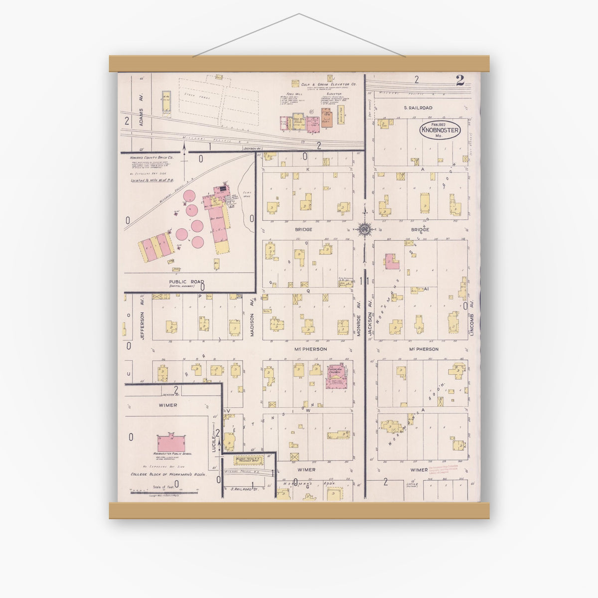 Old map wall art mockup — magnetic wood frame on white wall — Sanborn Fire Insurance Map from Knobnoster, Johnson County, Missouri (1922), Sheet #0002