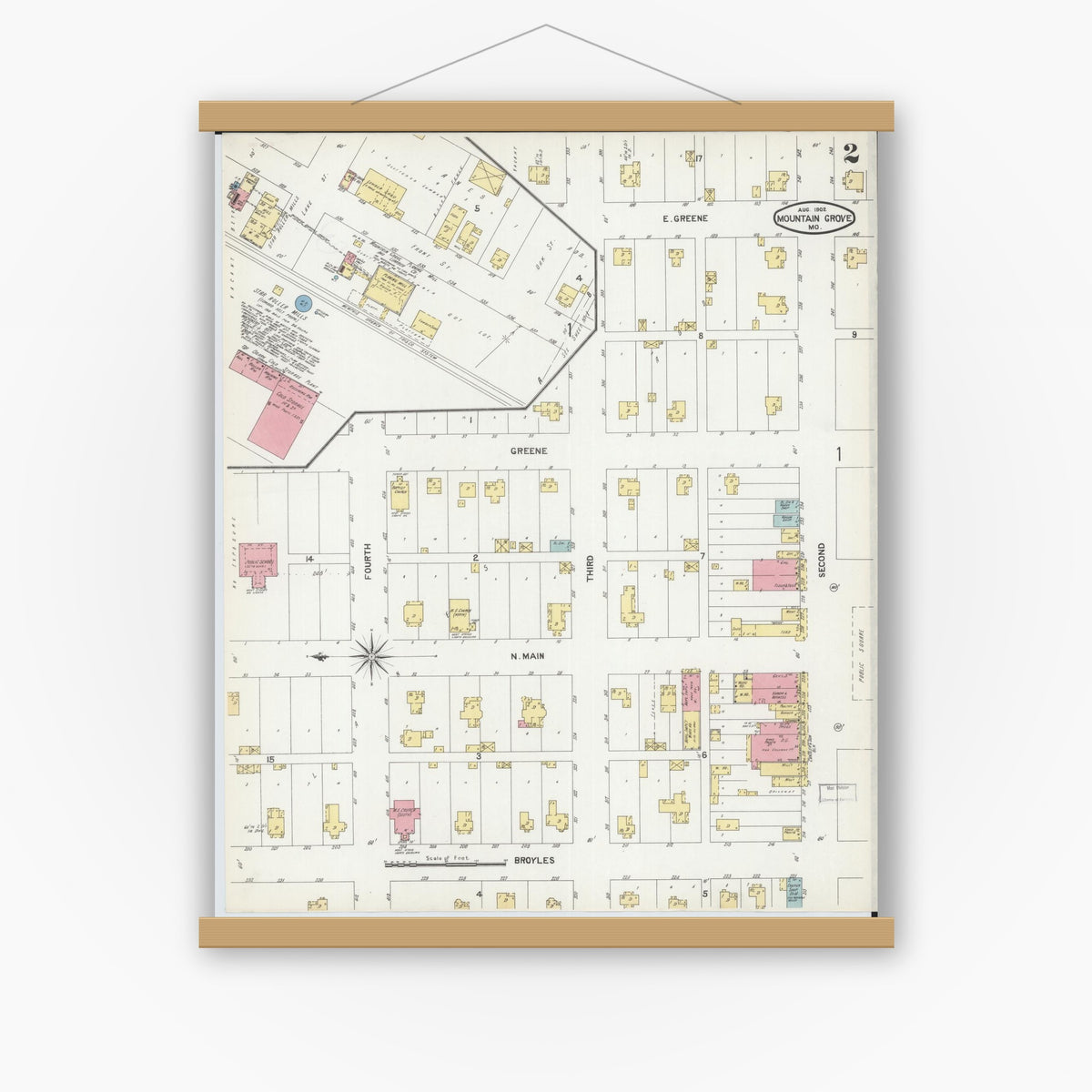 Old map wall art mockup — magnetic wood frame on white wall — Sanborn Fire Insurance Map from Mountain Grove, Wright County, Missouri (1902), Sheet #0002