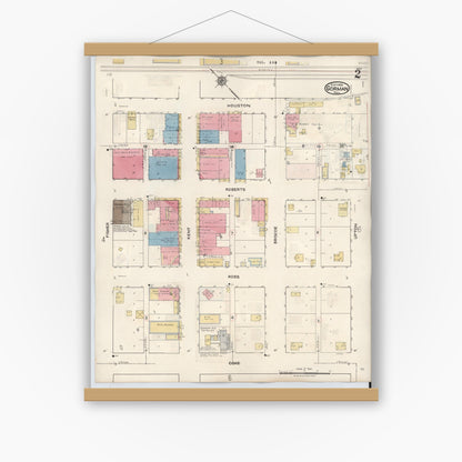 Old map wall art mockup — magnetic wood frame on white wall — Sanborn Fire Insurance Map from Gorman, Eastland County, Texas (1945), Sheet #0002