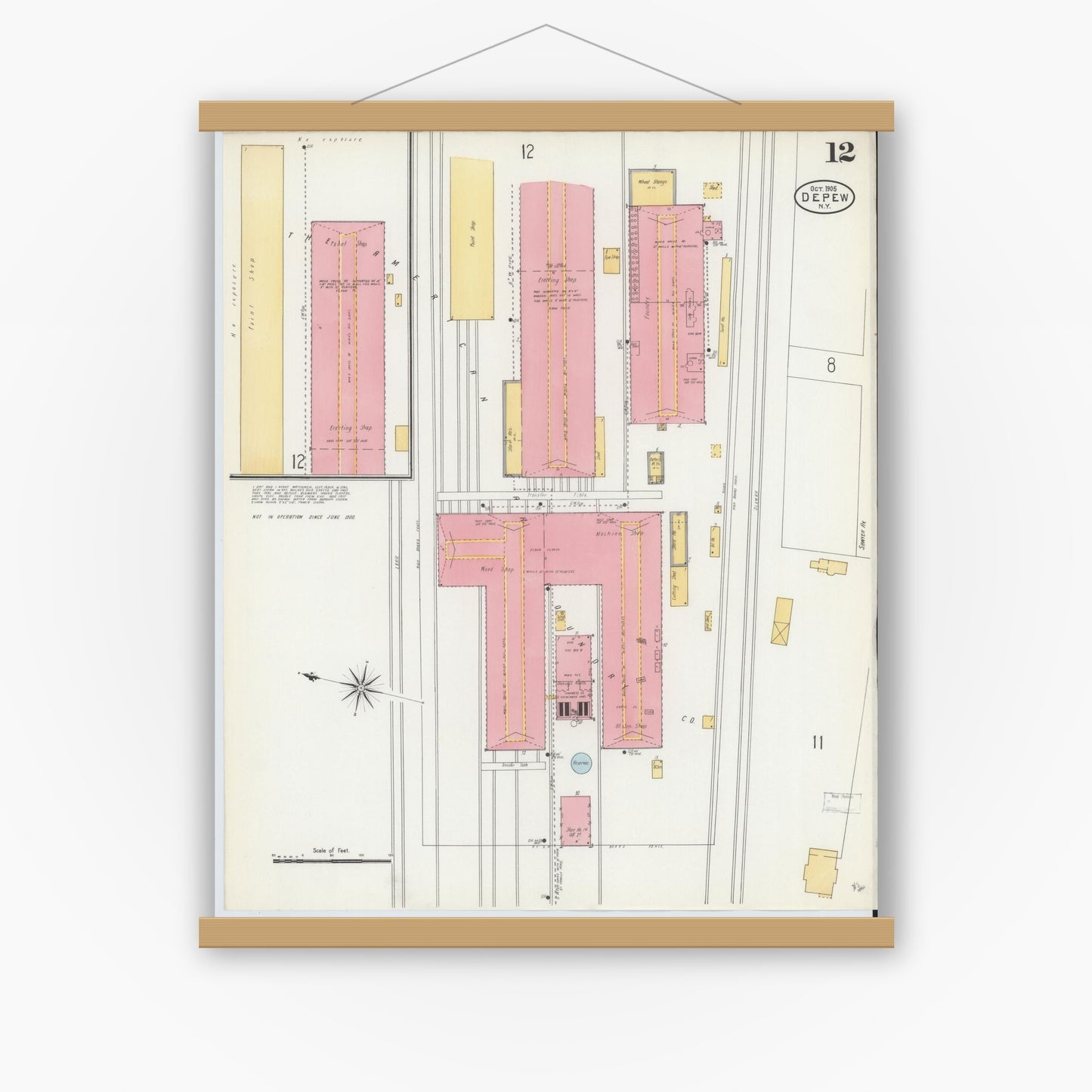 Old map wall art mockup — magnetic wood frame on white wall — Sanborn Fire Insurance Map from Depew, Erie County, New York (1905), Sheet #0012