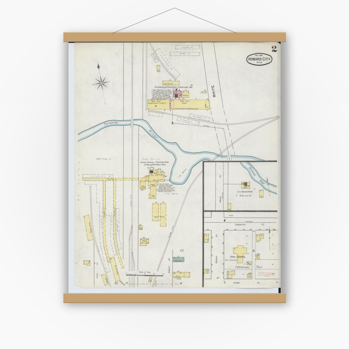 Old map wall art mockup — magnetic wood frame on white wall — Sanborn Fire Insurance Map from Howard City, Montcalm County, Michigan (1892), Sheet #0002