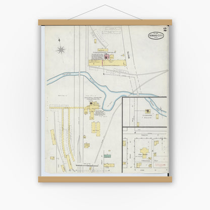 Old map wall art mockup — magnetic wood frame on white wall — Sanborn Fire Insurance Map from Howard City, Montcalm County, Michigan (1892), Sheet #0002