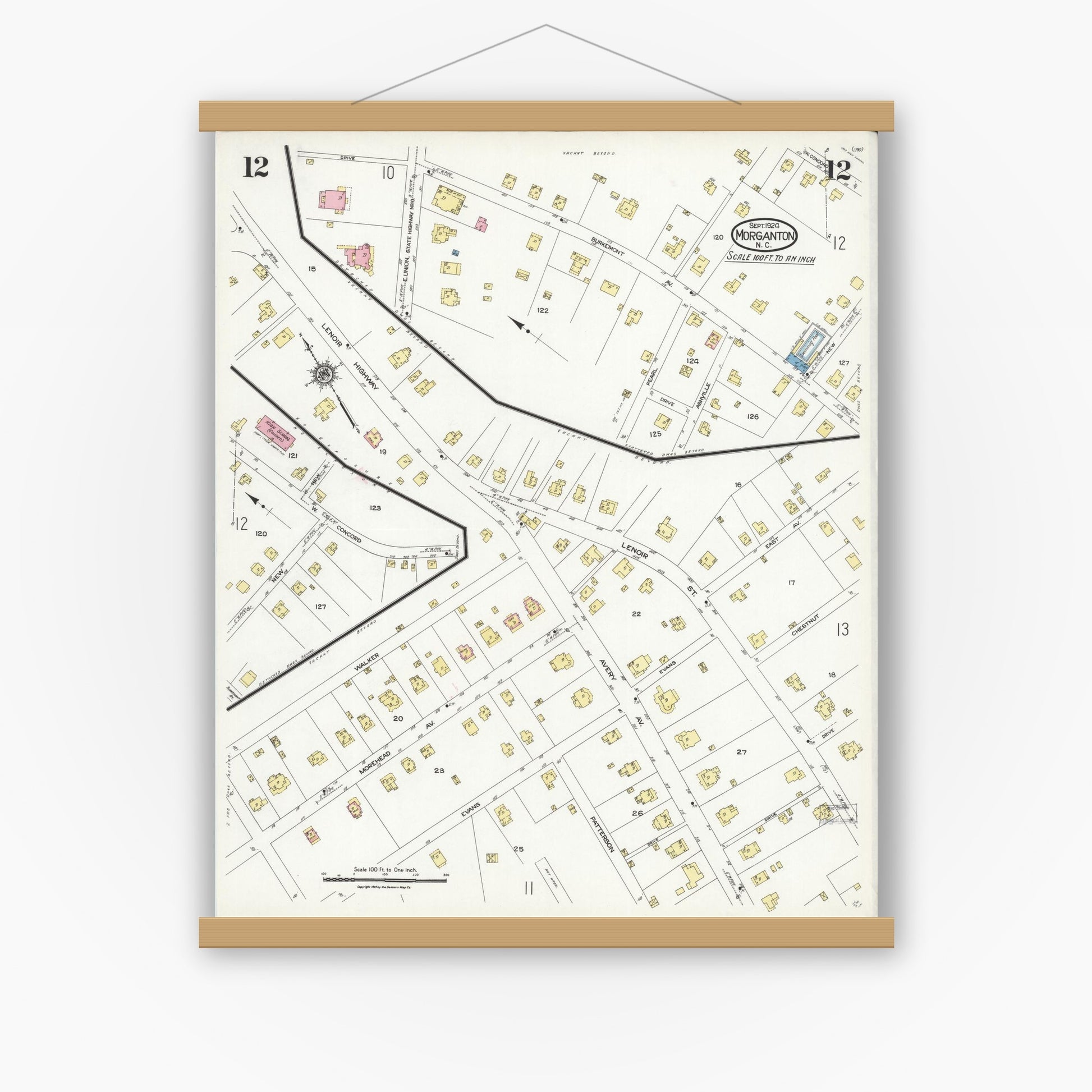 Old map wall art mockup — magnetic wood frame on white wall — Sanborn Fire Insurance Map from Morganton, Burke County, North Carolina (1924), Sheet #0012