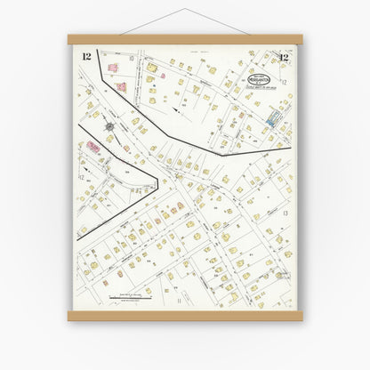 Old map wall art mockup — magnetic wood frame on white wall — Sanborn Fire Insurance Map from Morganton, Burke County, North Carolina (1924), Sheet #0012