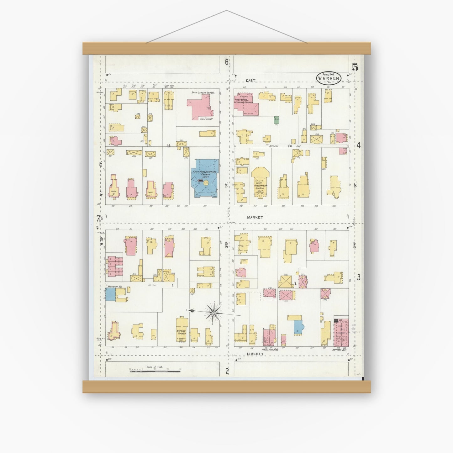 Old map wall art mockup — magnetic wood frame on white wall — Sanborn Fire Insurance Map from Warren, Warren County, Pennsylvania (1904), Sheet #0005