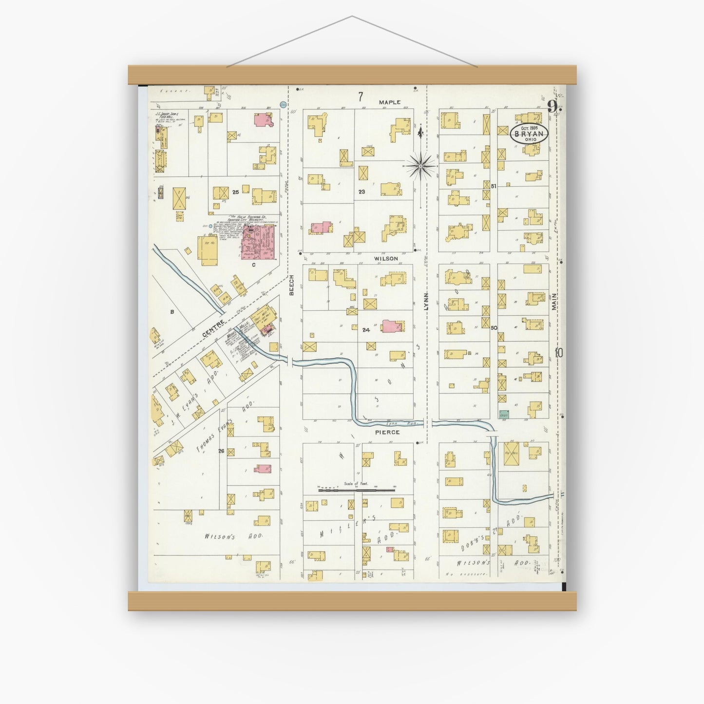 Old map wall art mockup — magnetic wood frame on white wall — Sanborn Fire Insurance Map from Bryan, Williams County, Ohio (1905), Sheet #0009