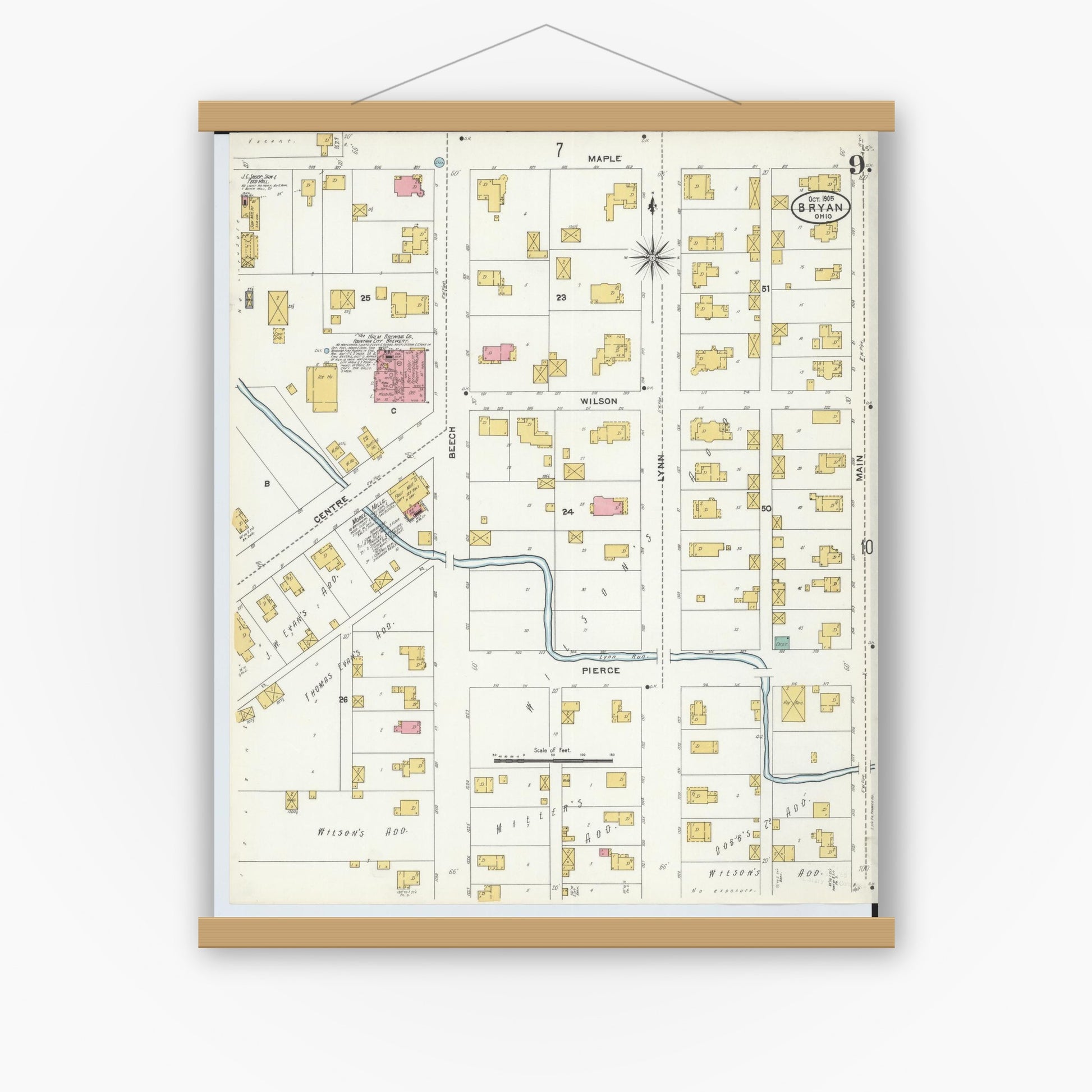 Old map wall art mockup — magnetic wood frame on white wall — Sanborn Fire Insurance Map from Bryan, Williams County, Ohio (1905), Sheet #0009