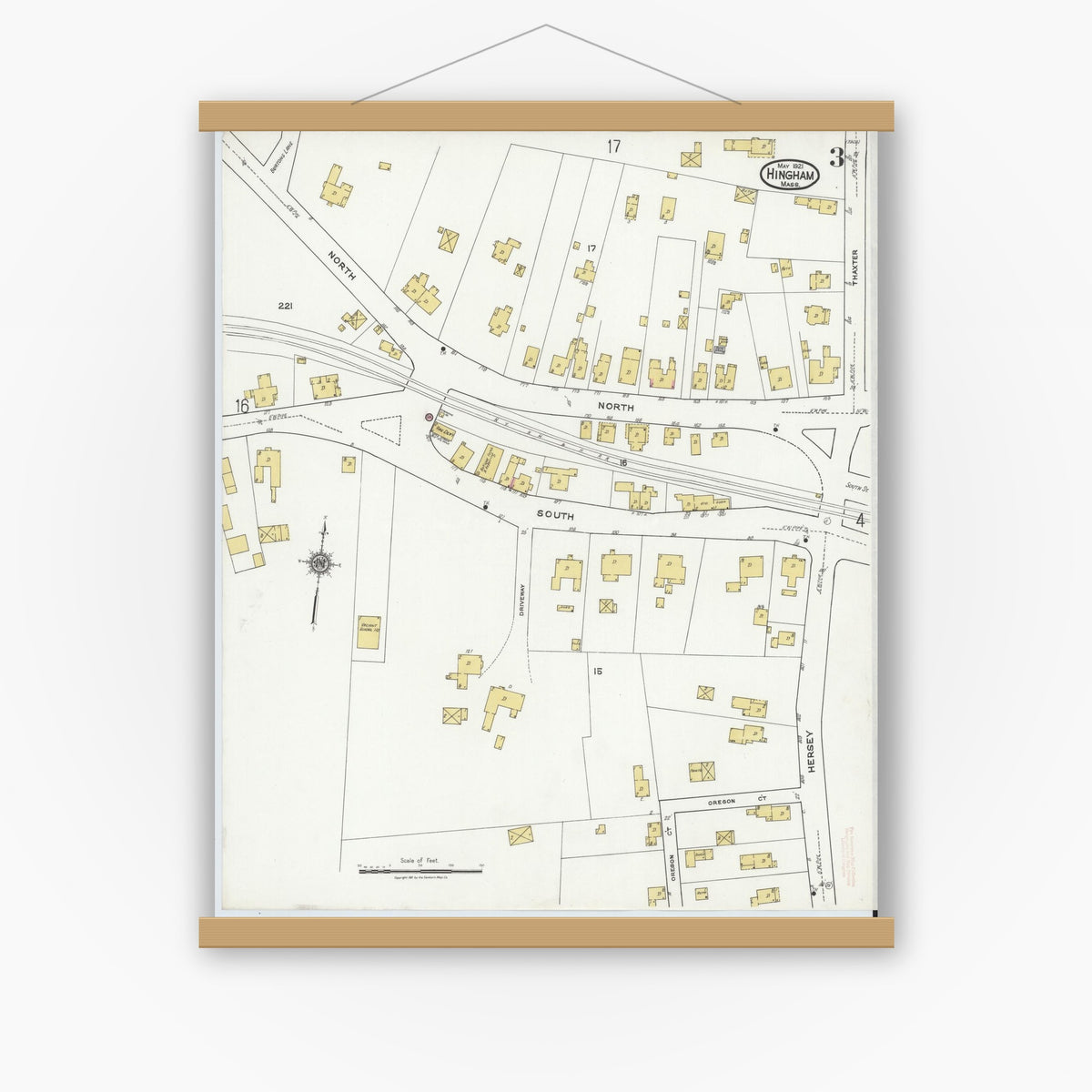 Old map wall art mockup — magnetic wood frame on white wall — Sanborn Fire Insurance Map from Hingham, Plymouth County, Massachusetts (1921), Sheet #0003