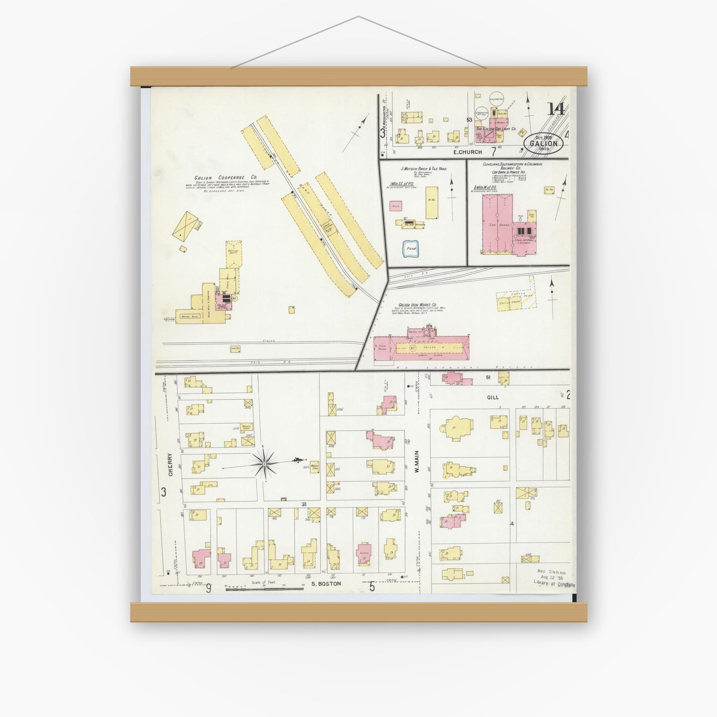 Old map wall art mockup — magnetic wood frame on white wall — Sanborn Fire Insurance Map from Galion, Crawford County, Ohio (1907), Sheet #0014