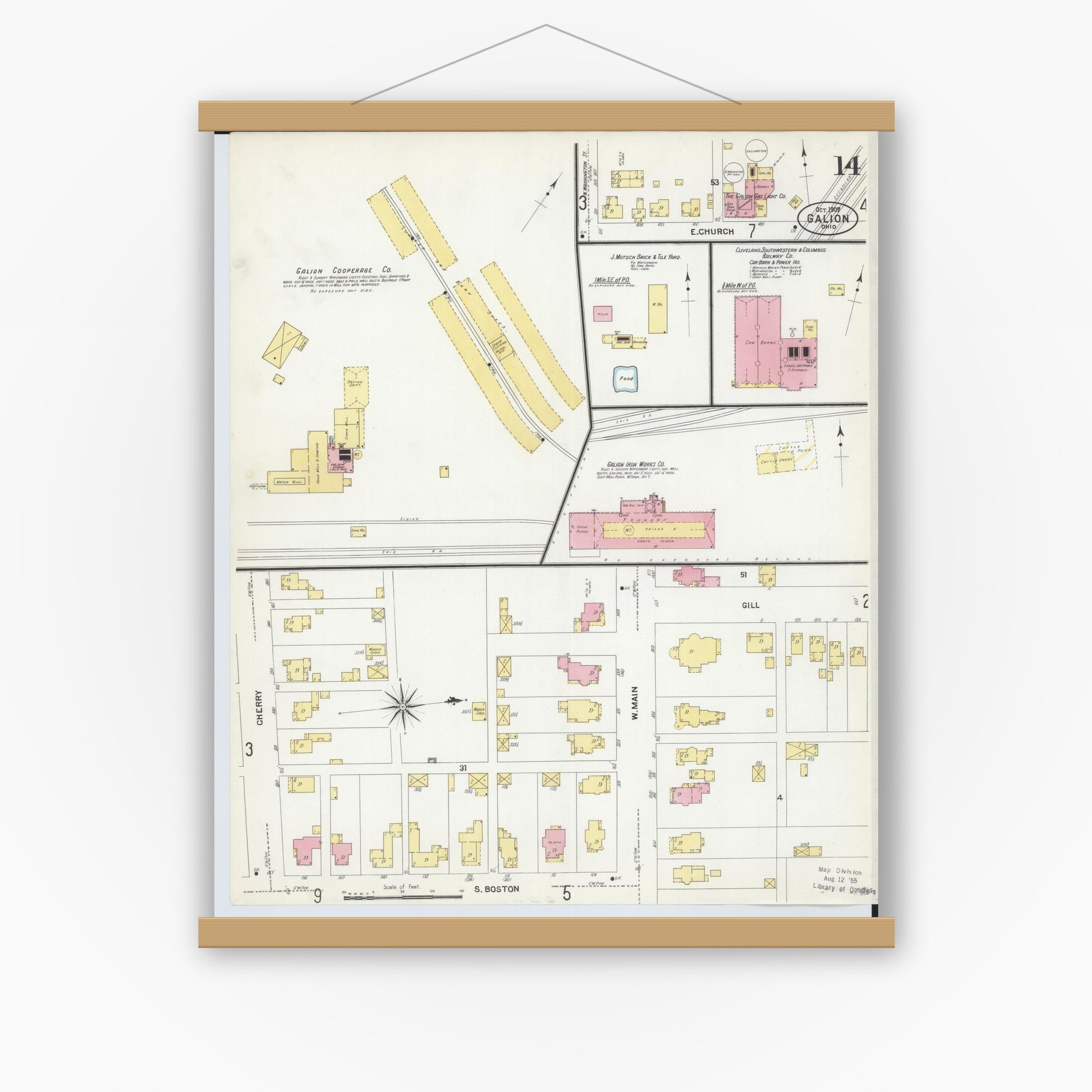 Old map wall art mockup — magnetic wood frame on white wall — Sanborn Fire Insurance Map from Galion, Crawford County, Ohio (1907), Sheet #0014