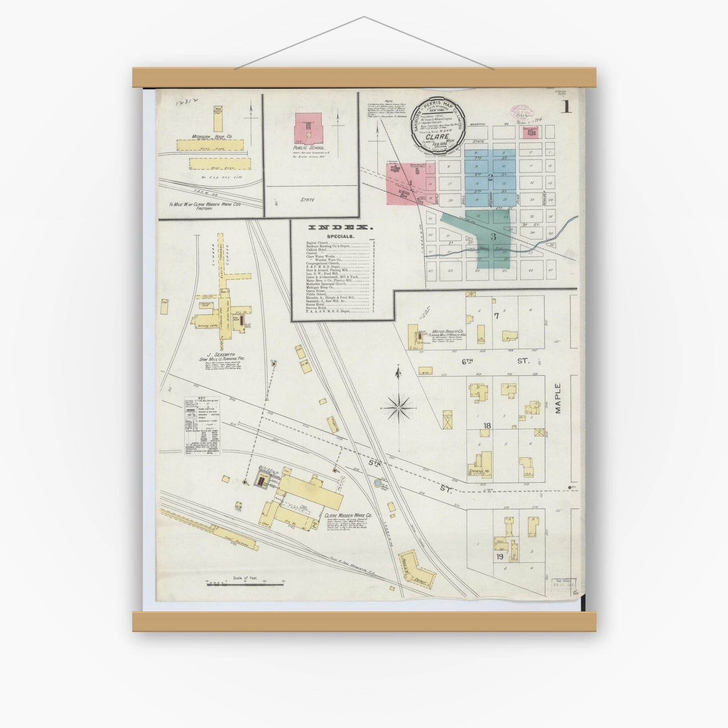 Old map wall art mockup — magnetic wood frame on white wall — Sanborn Fire Insurance Map from Clare, Clare County, Michigan (1894), Sheet #0001