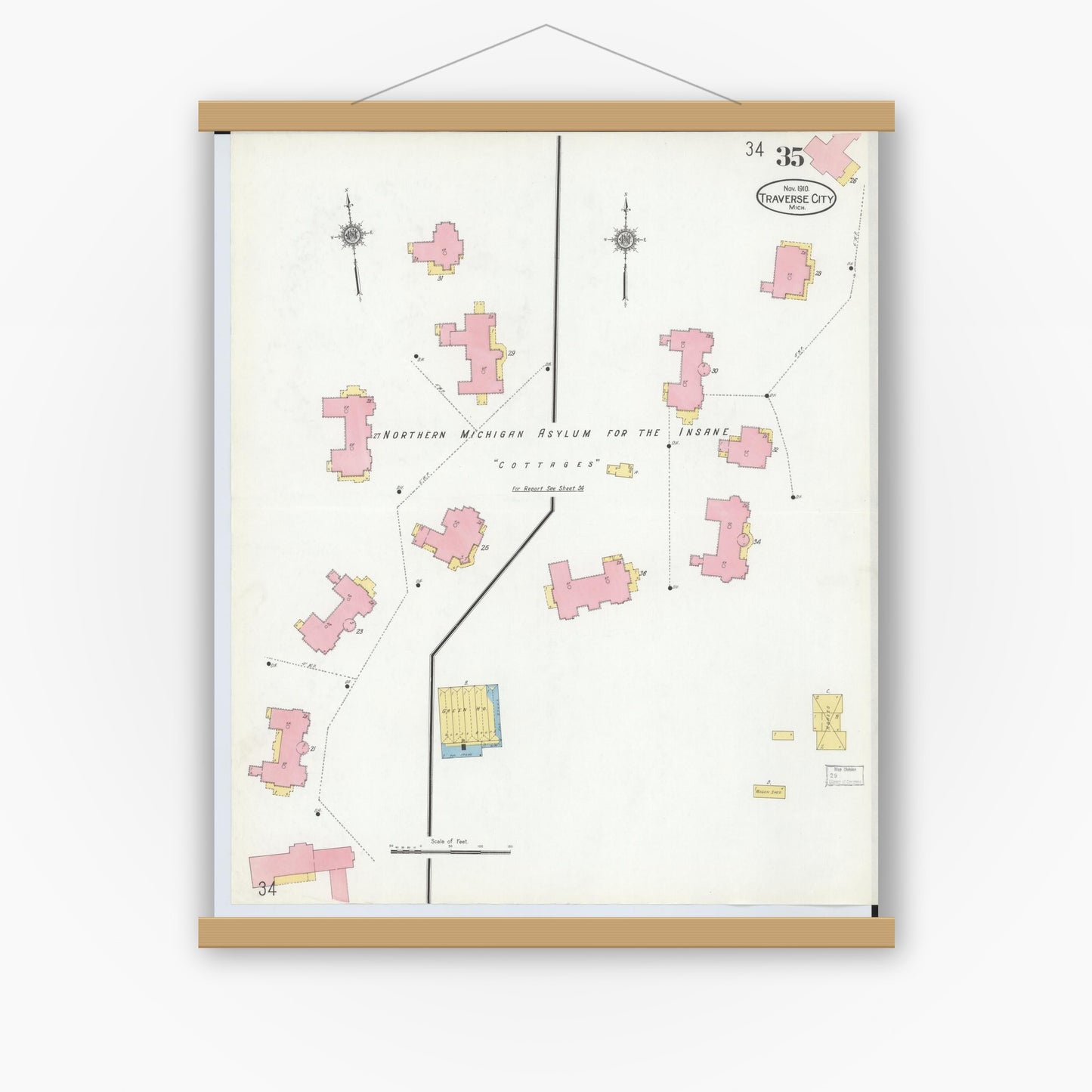 Old map wall art mockup — magnetic wood frame on white wall — Sanborn Fire Insurance Map from Traverse City, Grand Traverse County, Michigan (1910), Sheet #0035