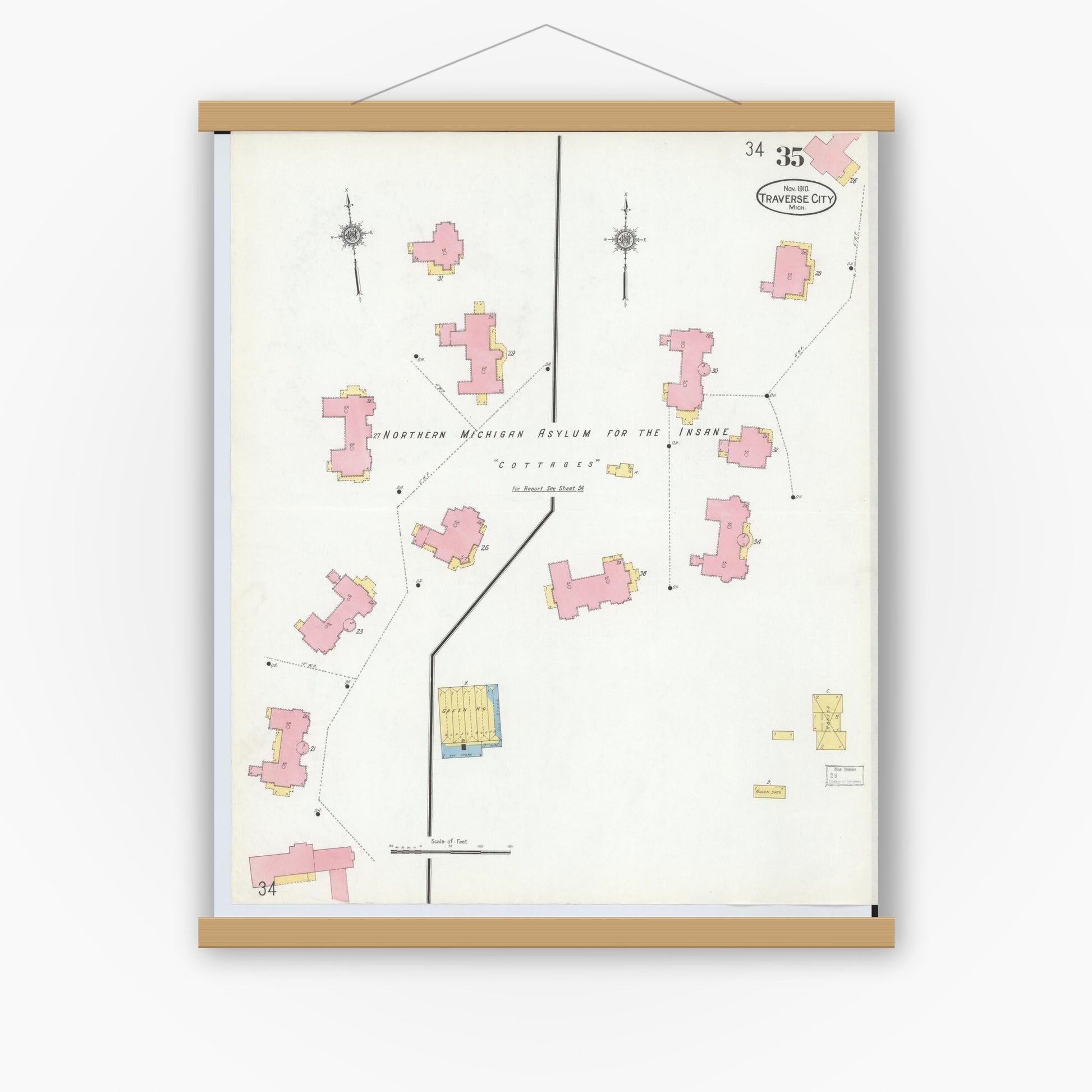 Old map wall art mockup — magnetic wood frame on white wall — Sanborn Fire Insurance Map from Traverse City, Grand Traverse County, Michigan (1910), Sheet #0035