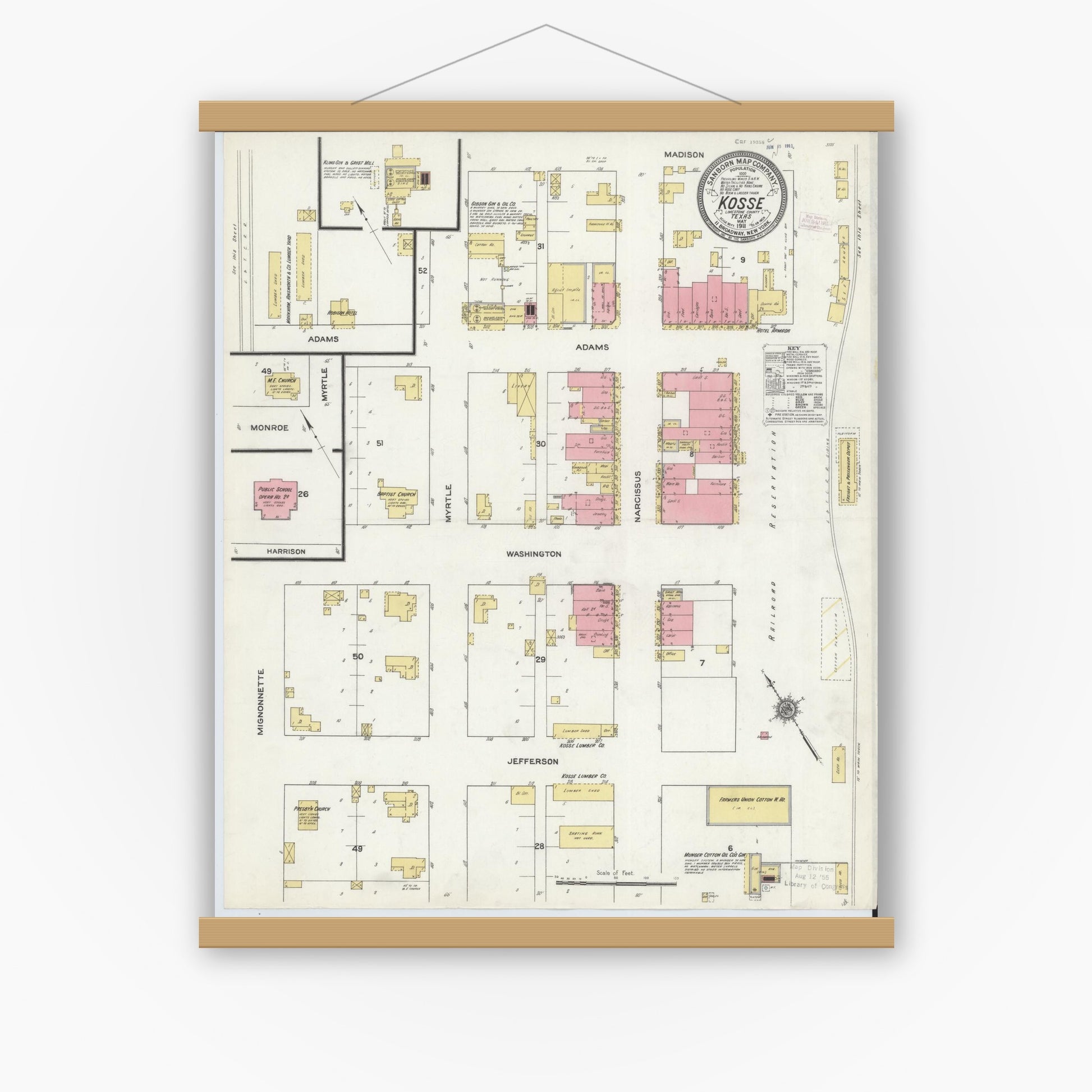 Old map wall art mockup — magnetic wood frame on white wall — Sanborn Fire Insurance Map from Kosse, Limestone County, Texas (1911), Sheet #0001