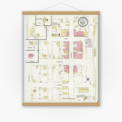 Old map wall art mockup — magnetic wood frame on white wall — Sanborn Fire Insurance Map from Kosse, Limestone County, Texas (1911), Sheet #0001