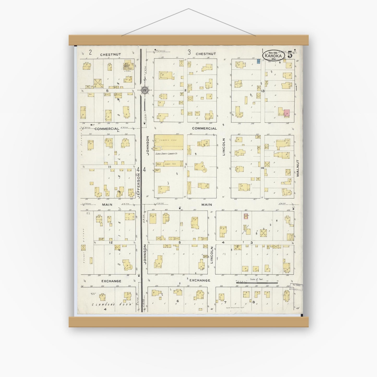 Old map wall art mockup — magnetic wood frame on white wall — Sanborn Fire Insurance Map from Kahoka, Clark County, Missouri (1916), Sheet #0005