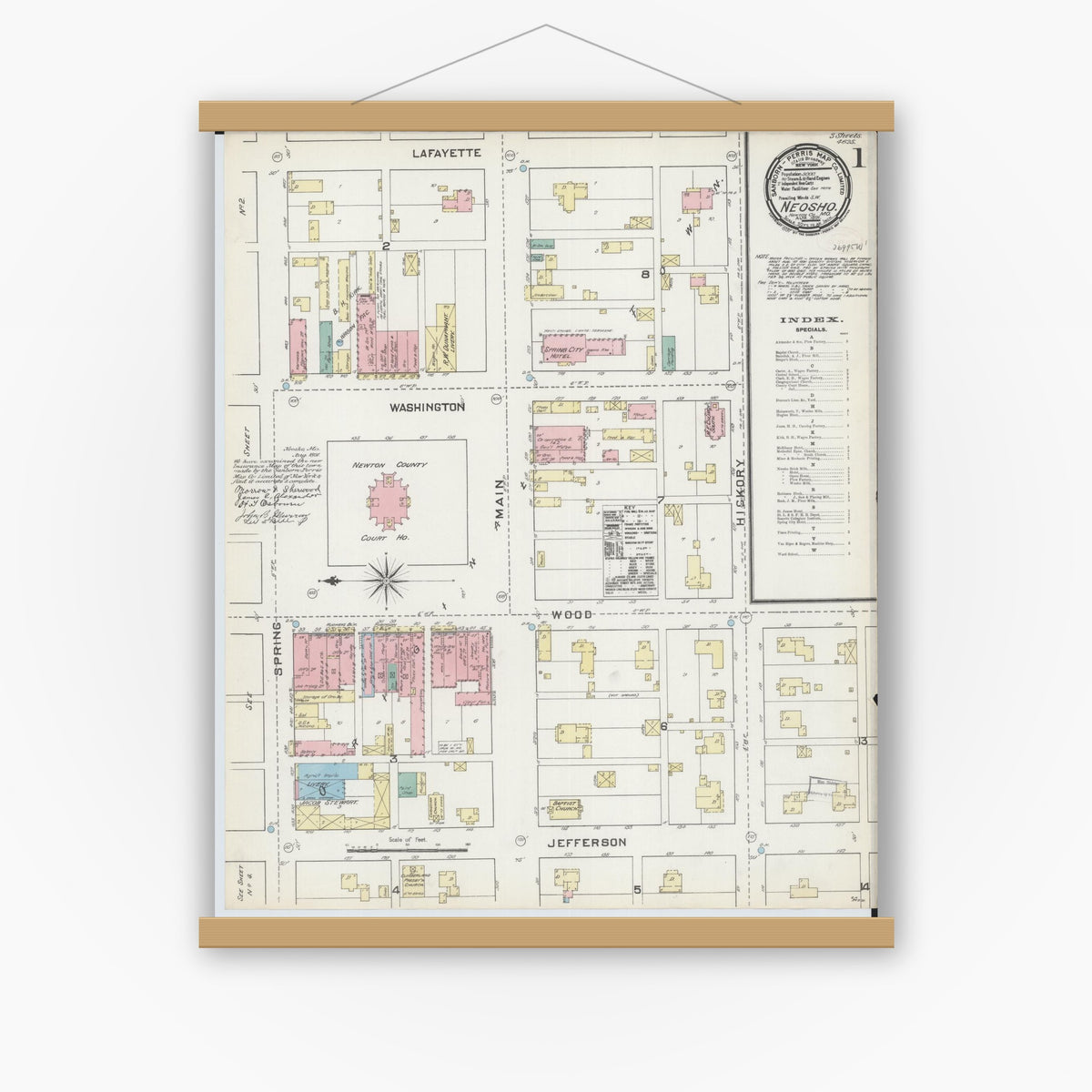 Old map wall art mockup — magnetic wood frame on white wall — Sanborn Fire Insurance Map from Neosho, Newton County, Missouri (1891) - Complete Map Set