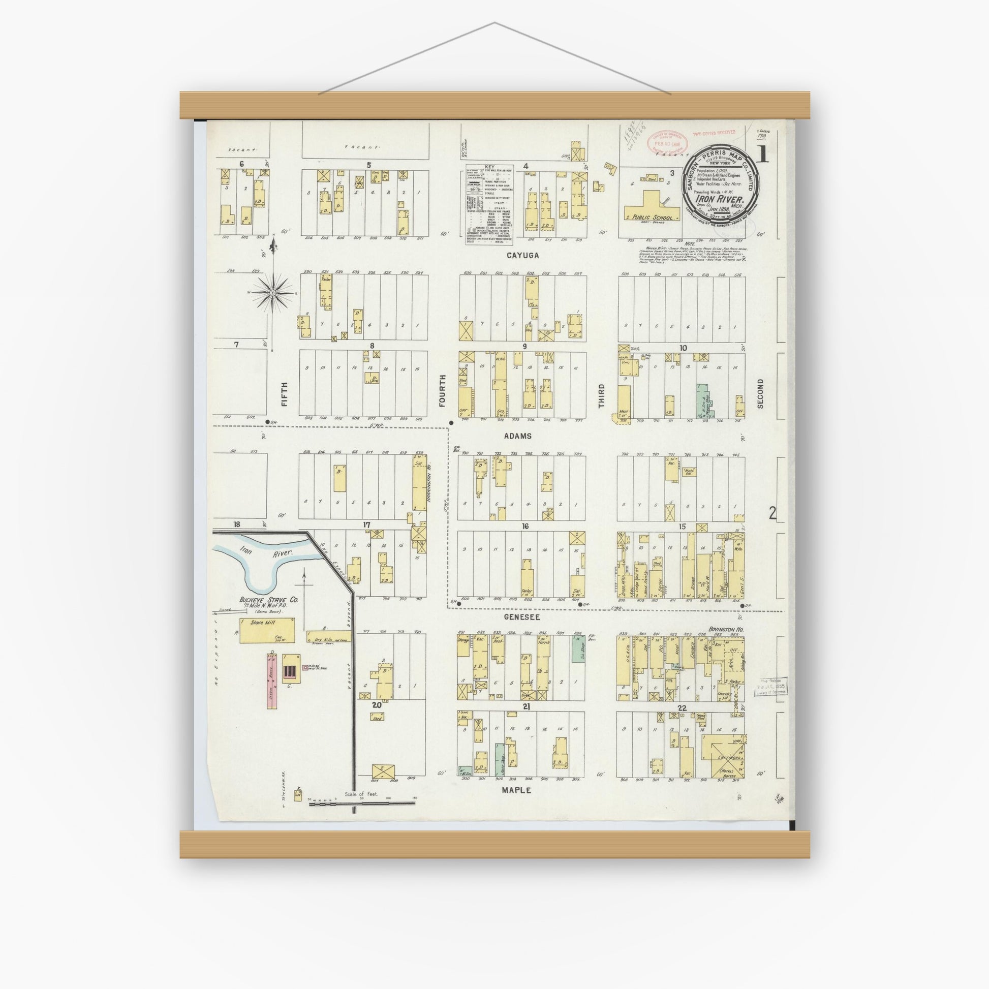 Old map wall art mockup — magnetic wood frame on white wall — Sanborn Fire Insurance Map from Iron River, Iron County, Michigan (1898) - Complete Map Set