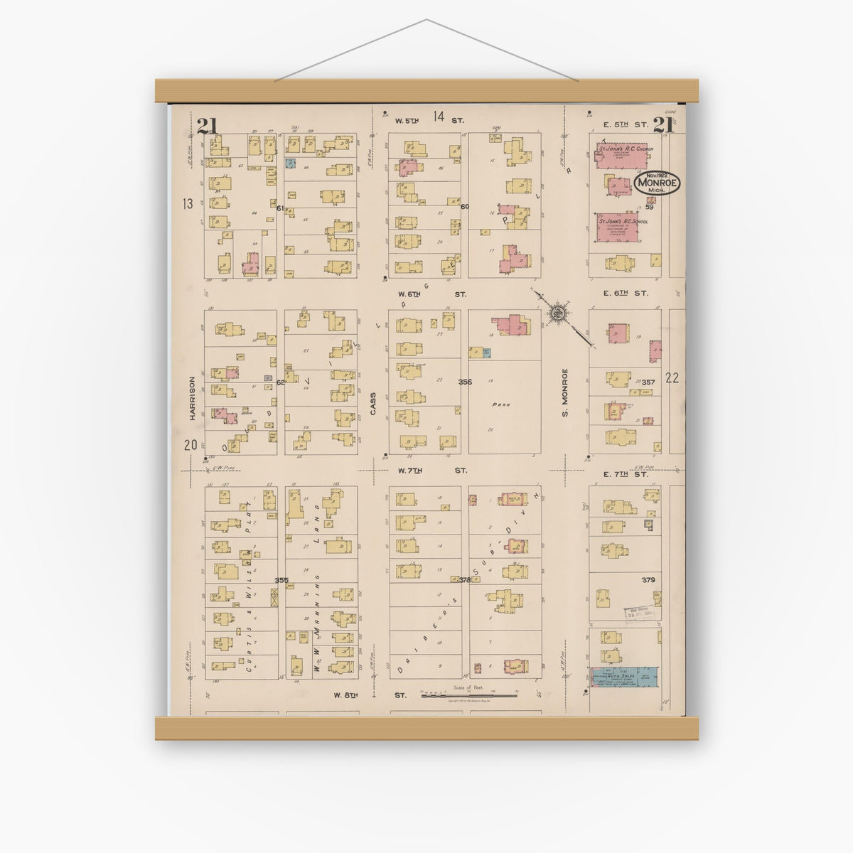 Old map wall art mockup — magnetic wood frame on white wall — Sanborn Fire Insurance Map from Monroe, Monroe County, Michigan (1922), Sheet #0021