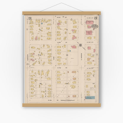 Old map wall art mockup — magnetic wood frame on white wall — Sanborn Fire Insurance Map from Monroe, Monroe County, Michigan (1922), Sheet #0021