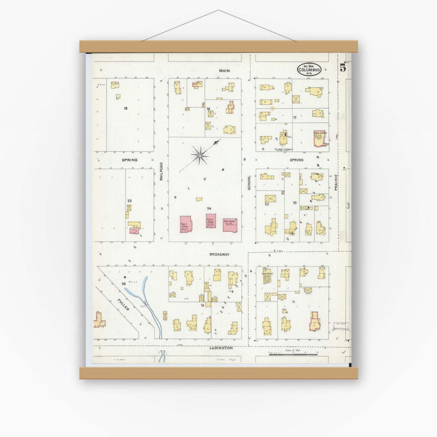 Old map wall art mockup — magnetic wood frame on white wall — Sanborn Fire Insurance Map from Columbus, Columbia and Dodge County, Wisconsin (1904), Sheet #0005