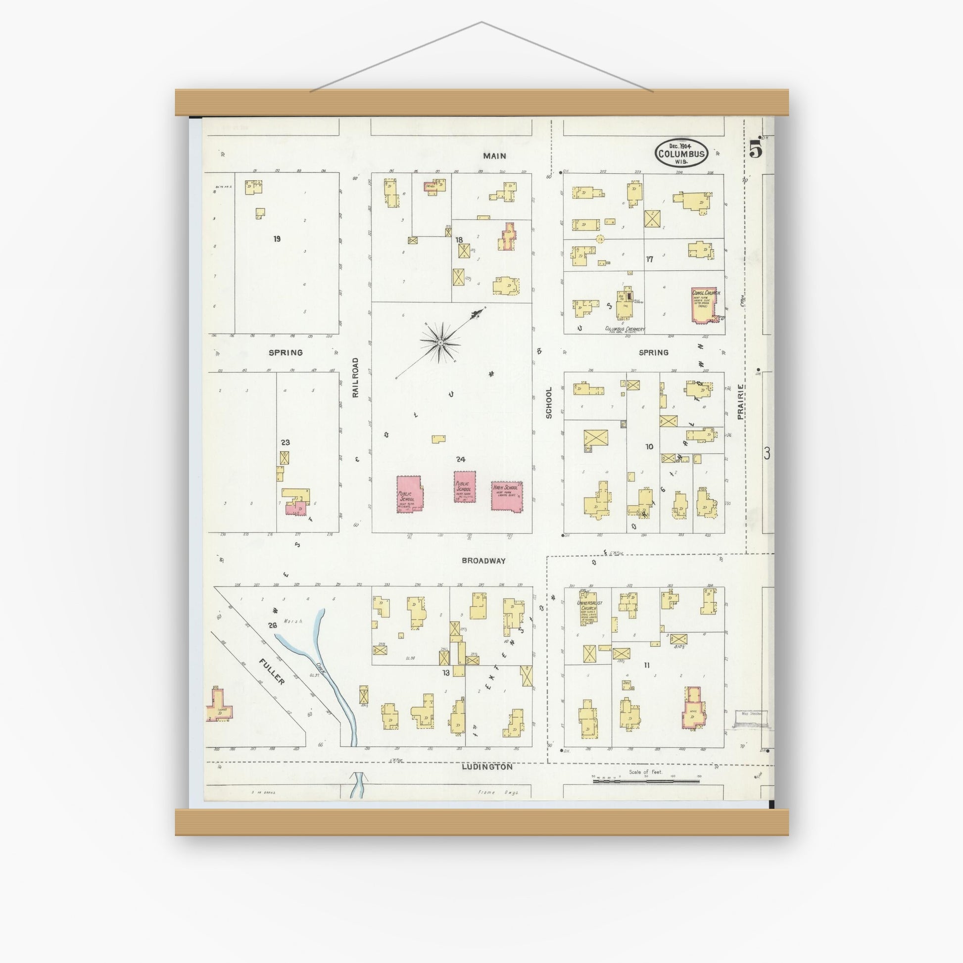Old map wall art mockup — magnetic wood frame on white wall — Sanborn Fire Insurance Map from Columbus, Columbia and Dodge County, Wisconsin (1904), Sheet #0005