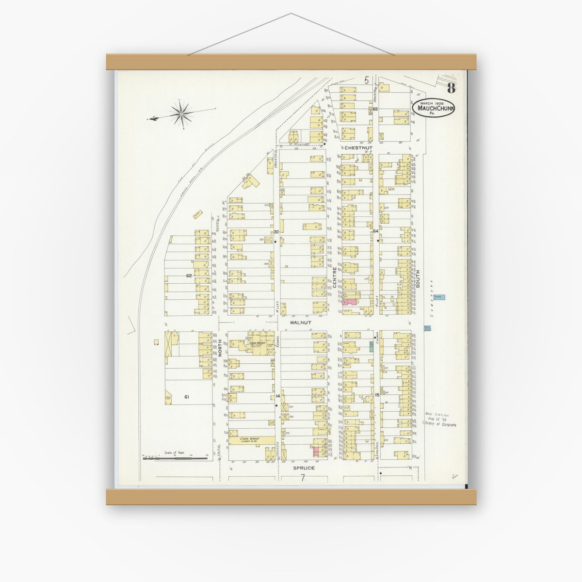 Old map wall art mockup — magnetic wood frame on white wall — Sanborn Fire Insurance Map from Mauch Chunk, Carbon County, Pennsylvania (1908), Sheet #0008