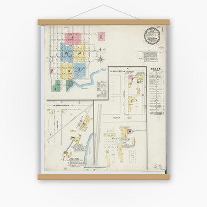 Old map wall art mockup — magnetic wood frame on white wall — Sanborn Fire Insurance Map from Celina, Mercer County, Ohio (1895) - Complete Map Set