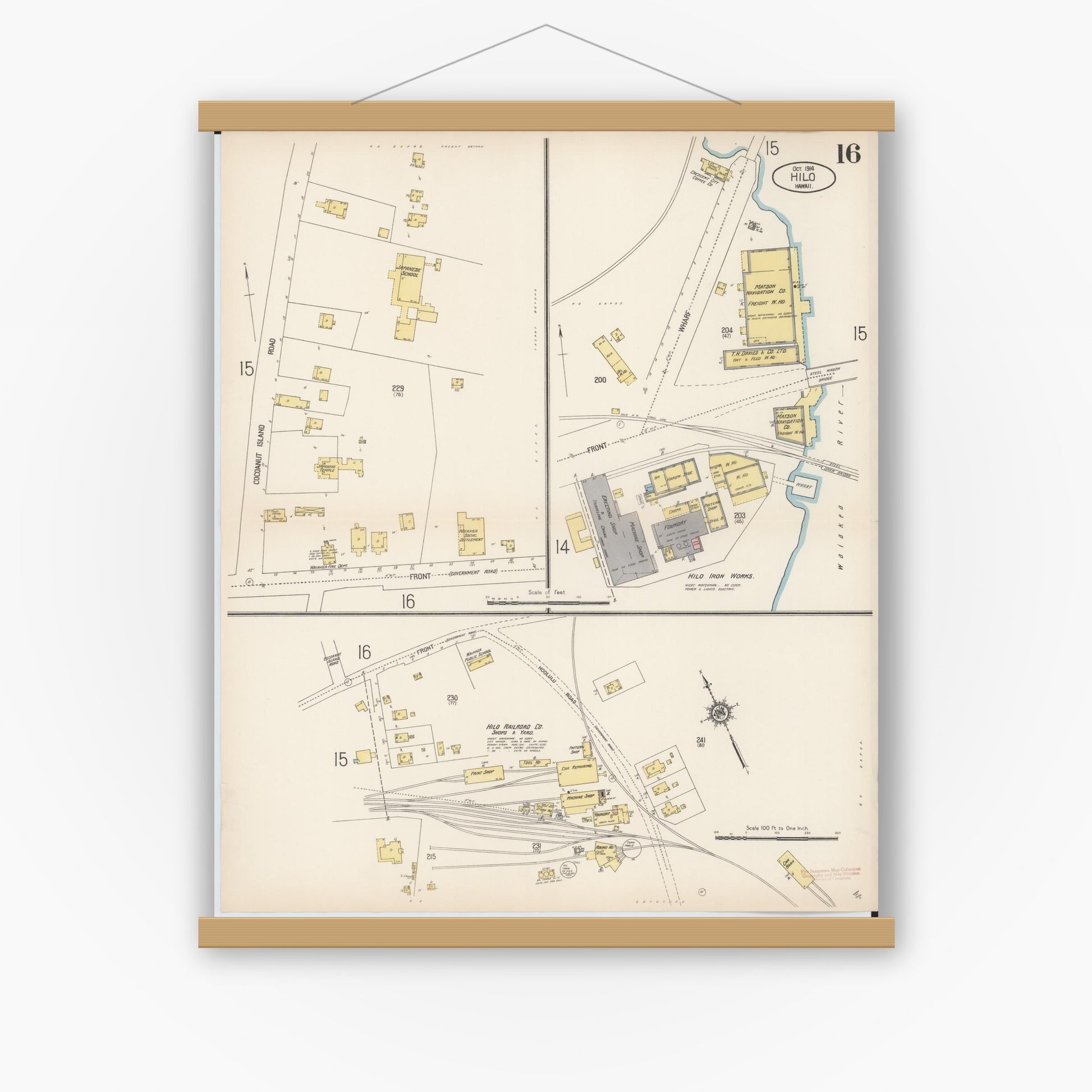 Old map wall art mockup — magnetic wood frame on white wall — Sanborn Fire Insurance Map from Hilo, Hawaii County, Hawaii (1914), Sheet #0016