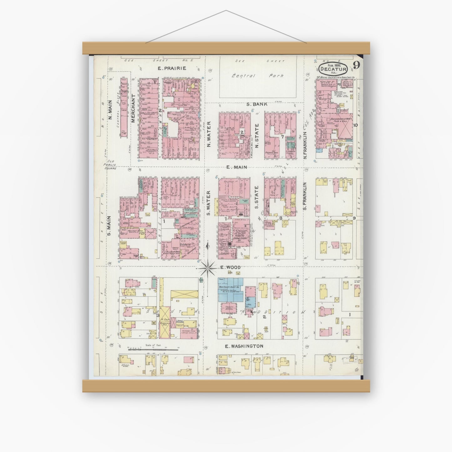 Old map wall art mockup — magnetic wood frame on white wall — Sanborn Fire Insurance Map from Decatur, Macon County, Illinois (1892), Sheet #0009