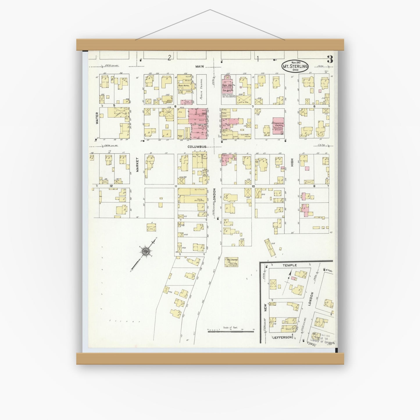 Old map wall art mockup — magnetic wood frame on white wall — Sanborn Fire Insurance Map from Mount Sterling, Madison County, Ohio (1910), Sheet #0003
