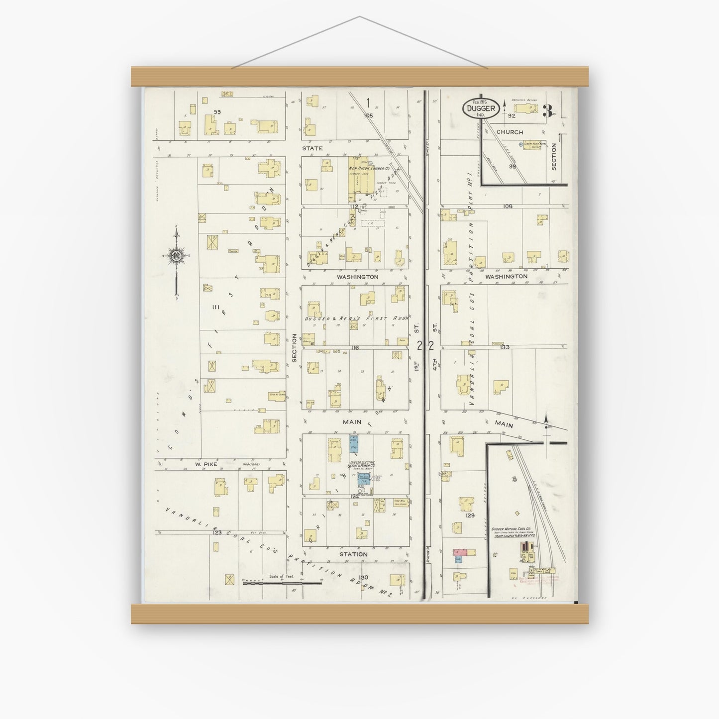 Old map wall art mockup — magnetic wood frame on white wall — Sanborn Fire Insurance Map from Dugger, Sullivan County, Indiana (1915), Sheet #0003