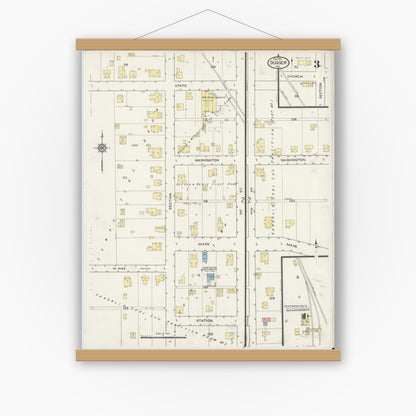 Old map wall art mockup — magnetic wood frame on white wall — Sanborn Fire Insurance Map from Dugger, Sullivan County, Indiana (1915), Sheet #0003