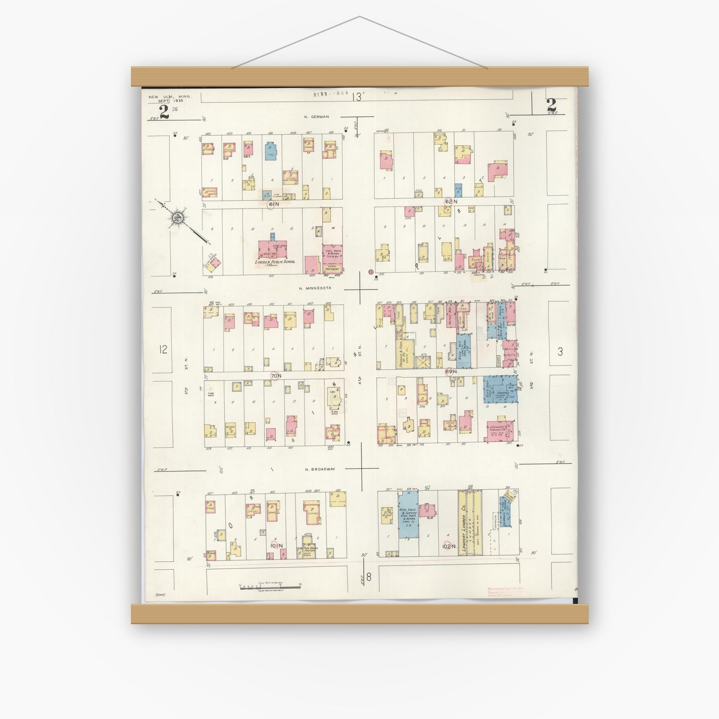 Old map wall art mockup — magnetic wood frame on white wall — Sanborn Fire Insurance Map from New Ulm, Brown County, Minnesota (1946), Sheet #0002