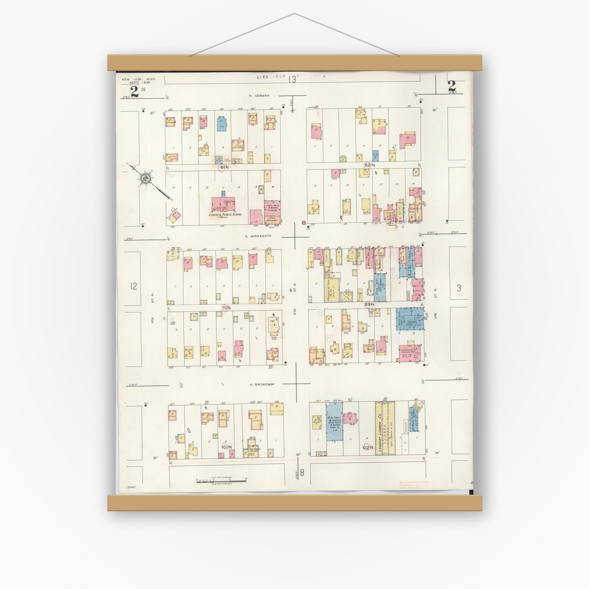 Old map wall art mockup — magnetic wood frame on white wall — Sanborn Fire Insurance Map from New Ulm, Brown County, Minnesota (1946), Sheet #0002