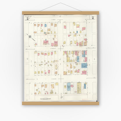 Old map wall art mockup — magnetic wood frame on white wall — Sanborn Fire Insurance Map from New Ulm, Brown County, Minnesota (1946), Sheet #0002