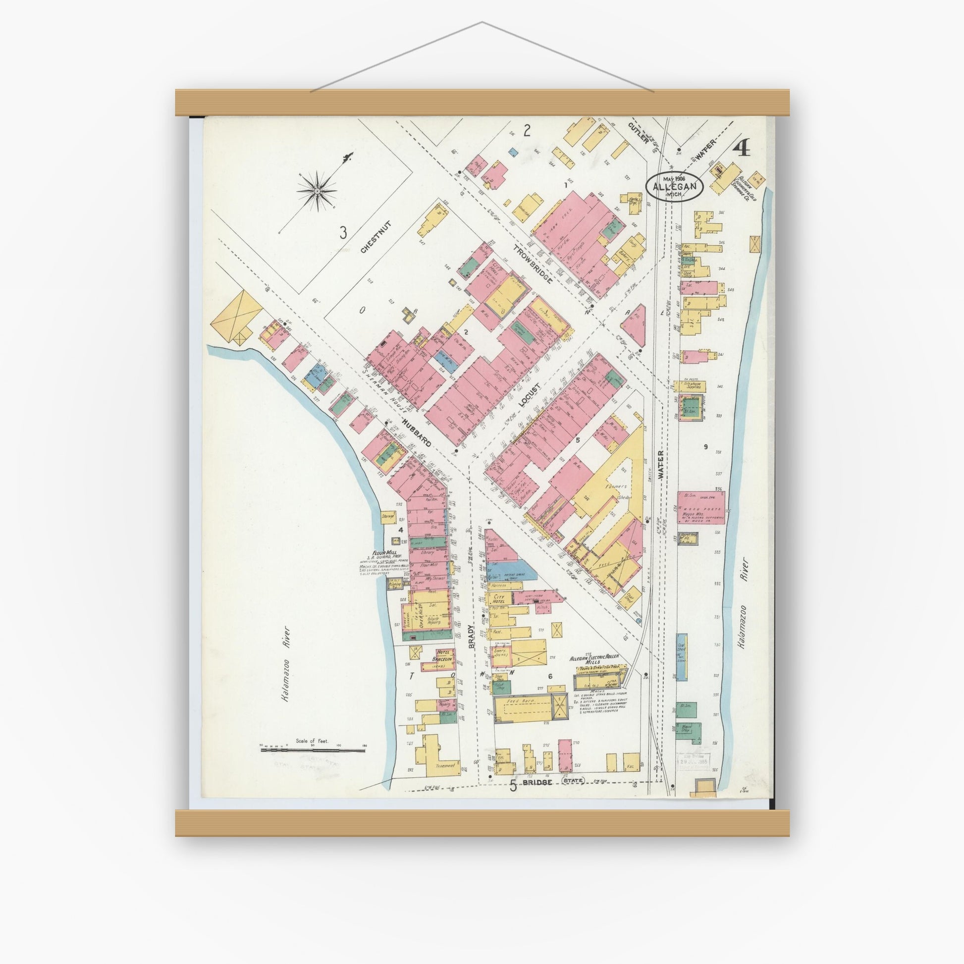 Old map wall art mockup — magnetic wood frame on white wall — Sanborn Fire Insurance Map from Allegan, Allegan County, Michigan (1906), Sheet #0004