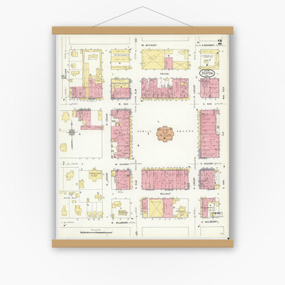 Old map wall art mockup — magnetic wood frame on white wall — Sanborn Fire Insurance Map from Denton, Denton County, Texas (1912), Sheet #0002