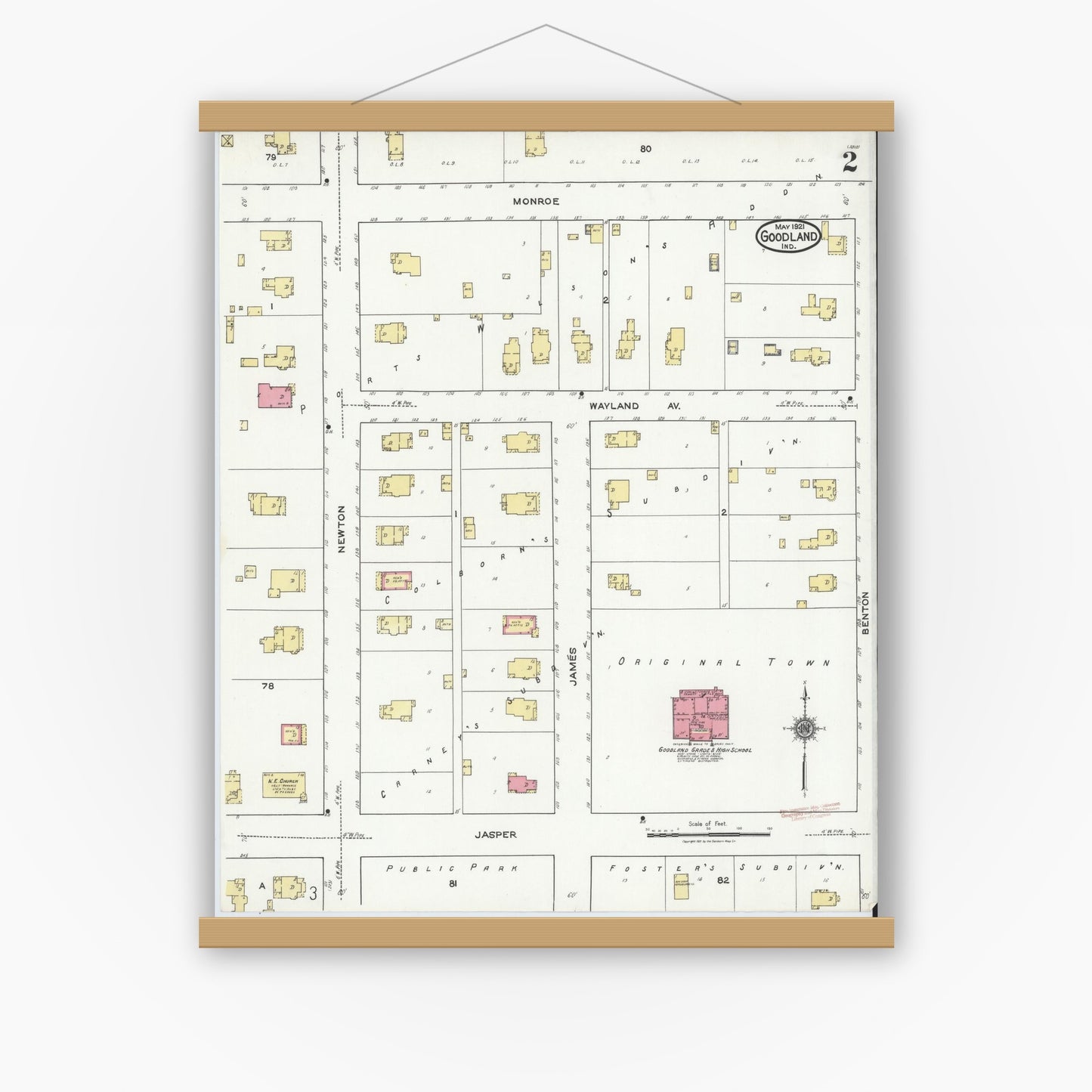Old map wall art mockup — magnetic wood frame on white wall — Sanborn Fire Insurance Map from Goodland, Newton County, Indiana (1921), Sheet #0002